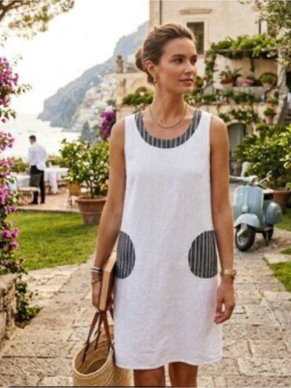 Lina Tomei White 100% Linen Shift Dress with Striped Pocket Accents